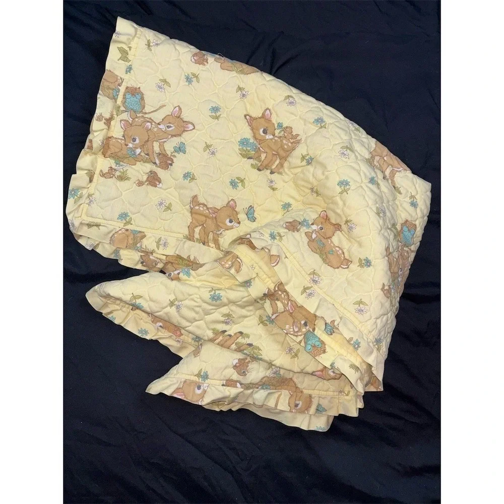 Vintage Woodland Baby Deer Crib Quilt Yellow Ruffle Blanket Nursery 54x42 Fawn